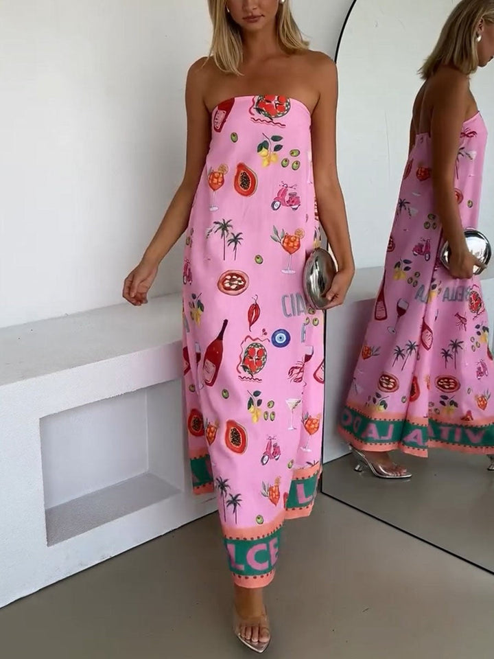 Vacation Print Dress with Pink Tube Top