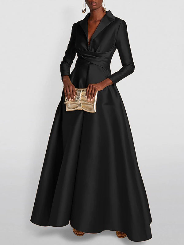 Solid Color V-Neck Maxi Dress with High Waisted A-Line Pleats