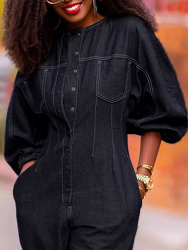 Round-Neck Jumpsuit with Puff Sleeves and Split Joint Design