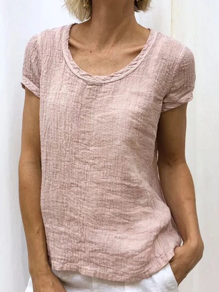 Vintage Round Neck Cotton-Linen Casual Shirt