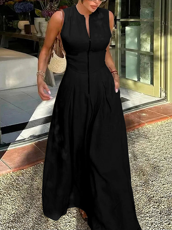 Maxi Dress with A-Line Loose Fit, Pleats, Pockets, Split Joint, and Zipper - Round Neck Design