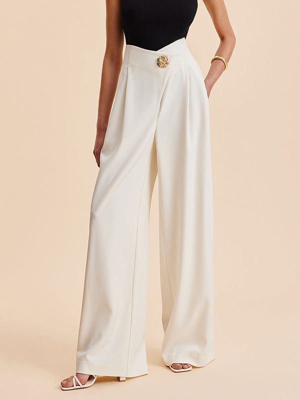 High-Waisted Loose-Fit Buttoned Pleated Solid Pants