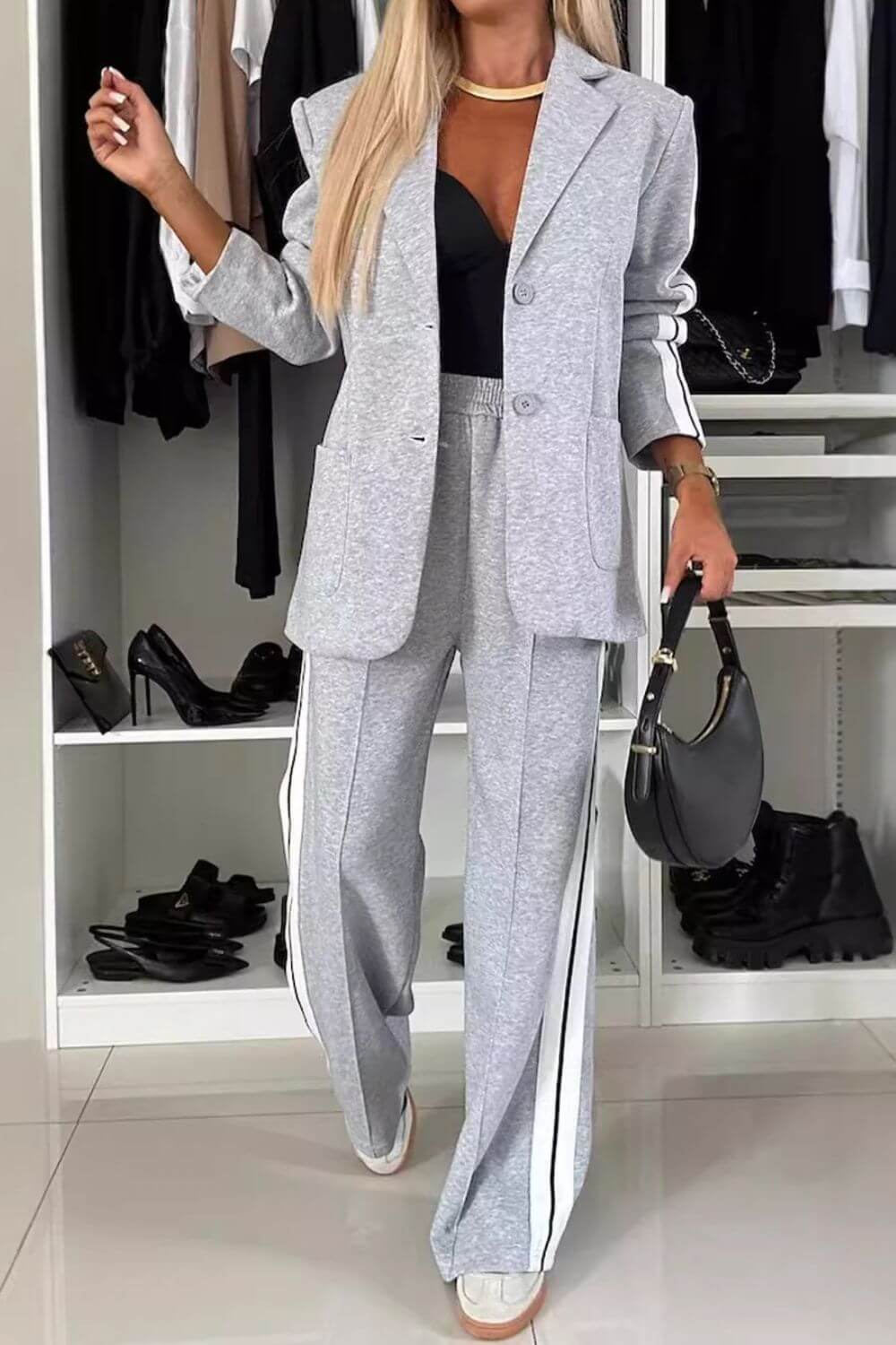 Two-Piece Set: Contrast Lapel Collar Top with Matching Pants