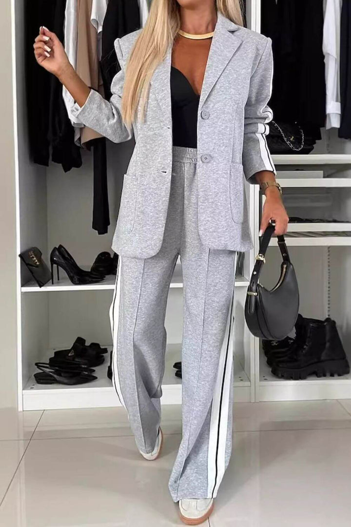 Two-Piece Set: Contrast Lapel Collar Top with Matching Pants