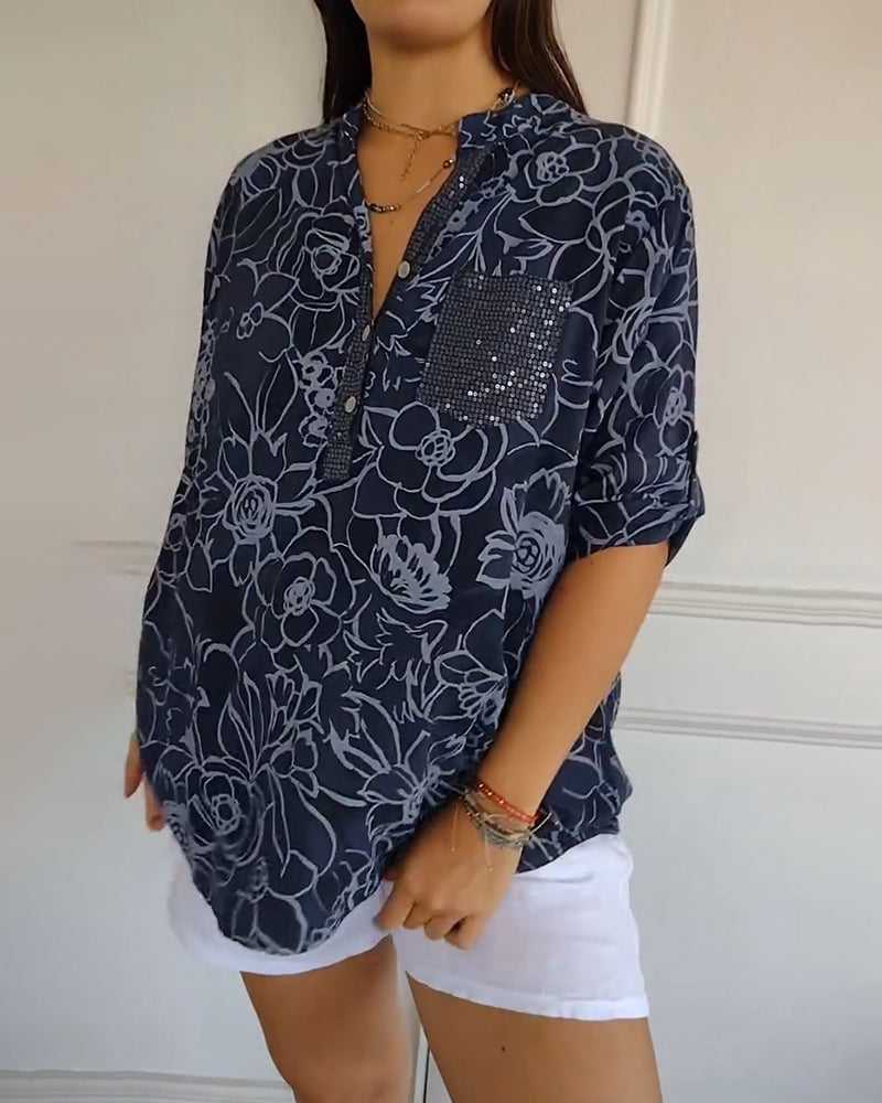 Printed V-Neck Button-Up Blouse