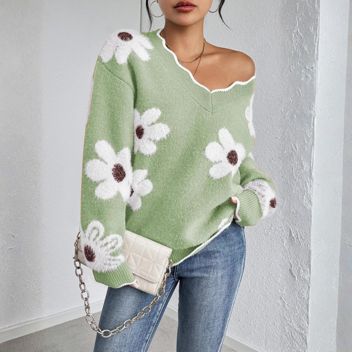 KYUPA™ - Relaxed V-Neck Pullover with Long Sleeves and Dropped Shoulders