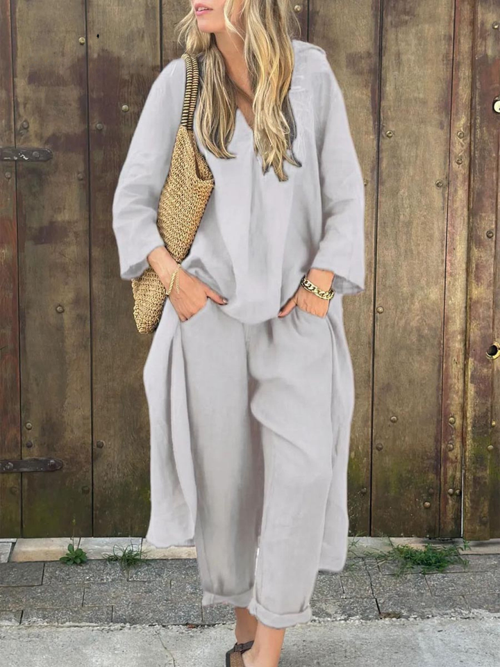V-Neck Irregular Linen Top with High-Waisted Wide-Leg Pants Set featuring Pockets