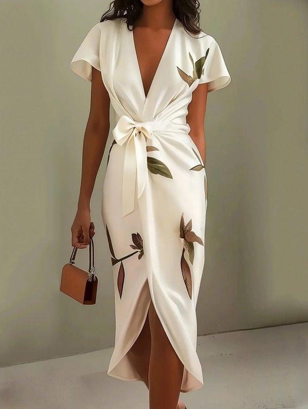 White Leaf Satin Wrap Midi Dress with Short Sleeves