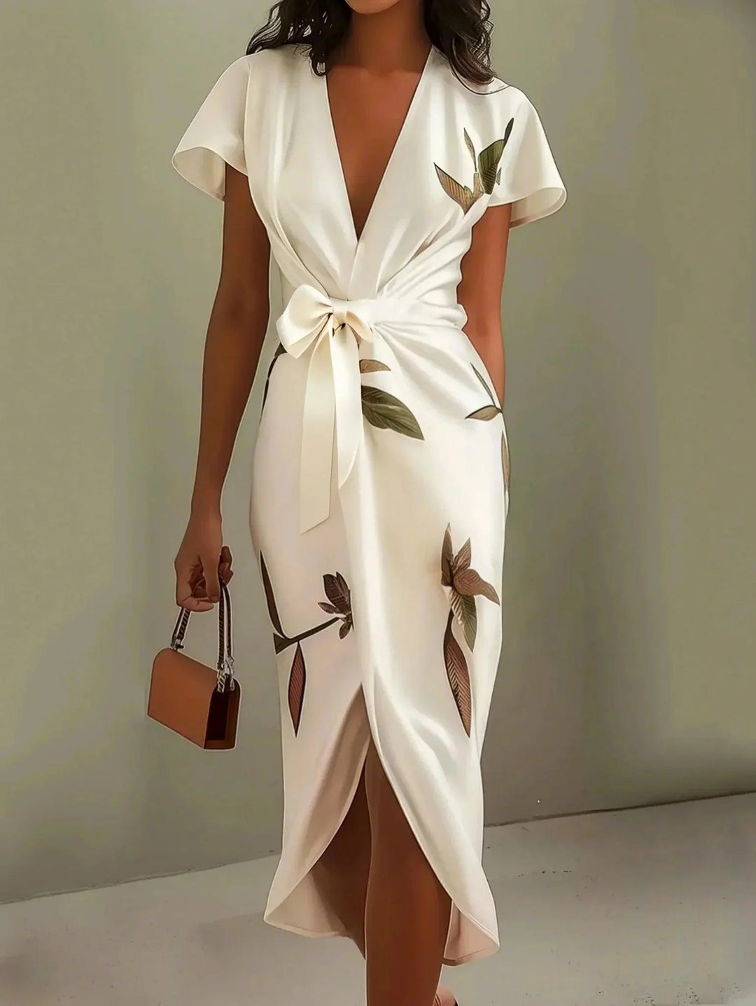 White Leaf Satin Wrap Midi Dress with Short Sleeves