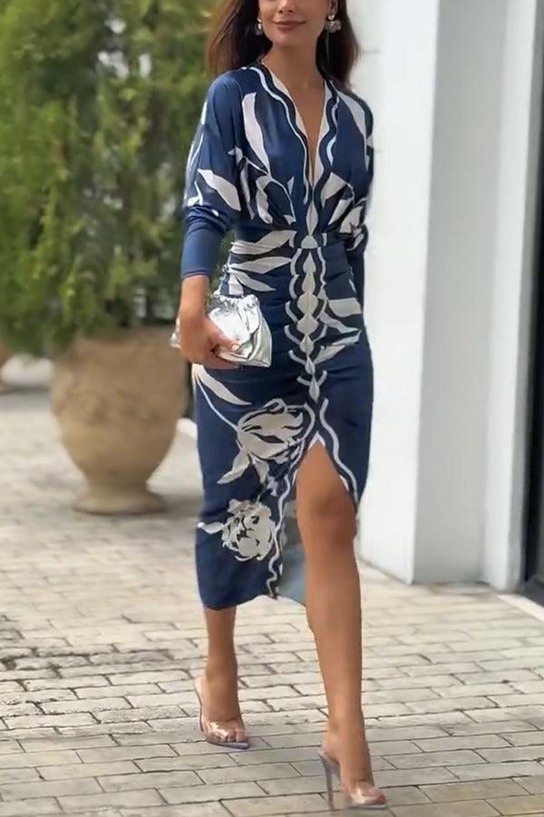 Distinctive Print Long Sleeve Ruched Midi Dress with Slit