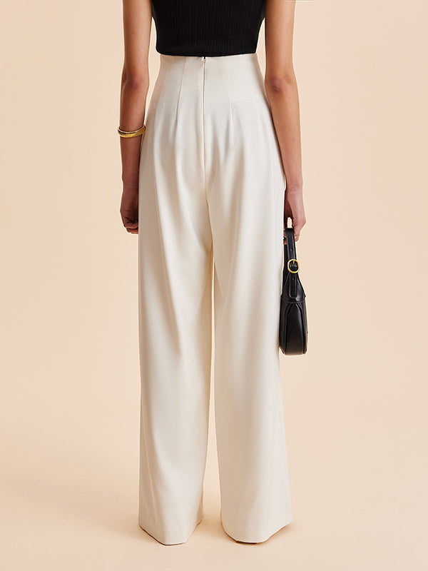 High-Waisted Loose-Fit Buttoned Pleated Solid Pants