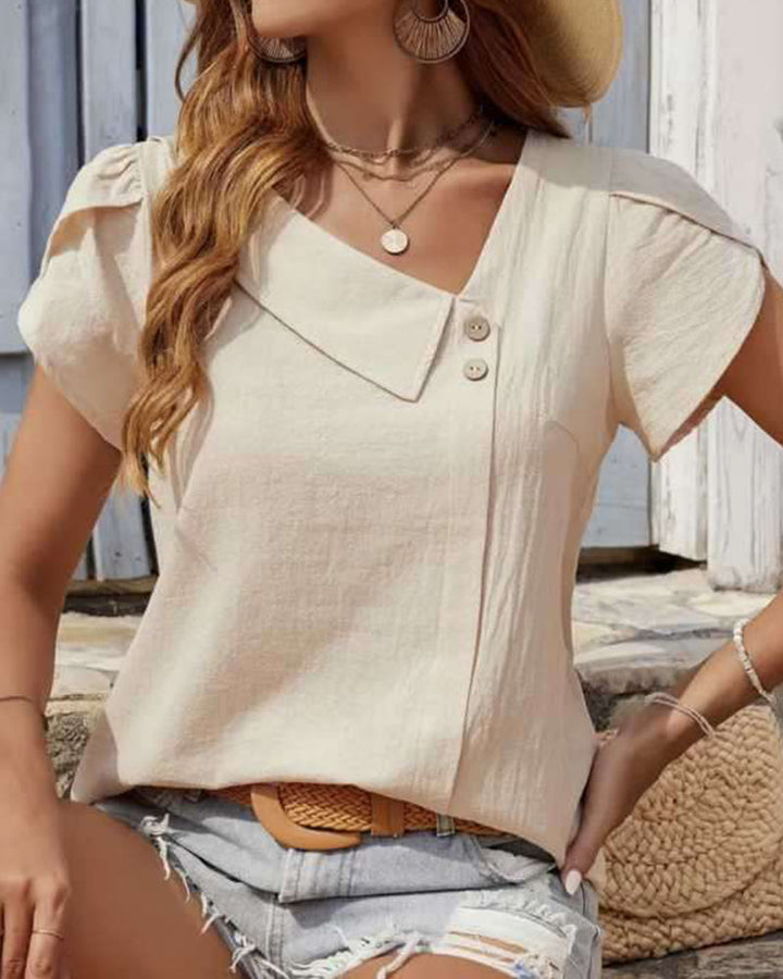 Asymmetrical Collar Short Sleeve Blouse in Street Style
