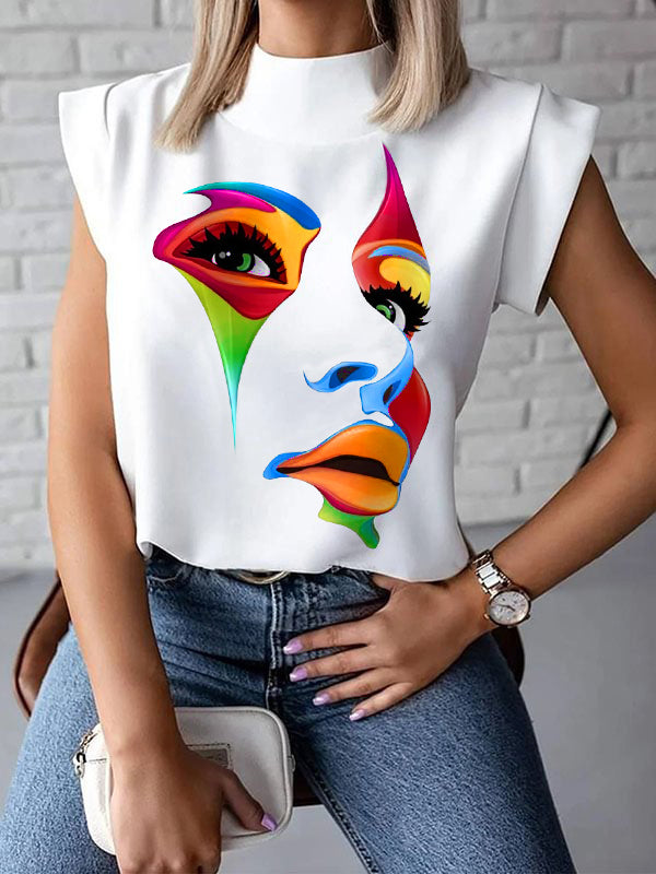 High-Neck Cap Sleeve Loose-Fit Multi-Colored Printed T-Shirt