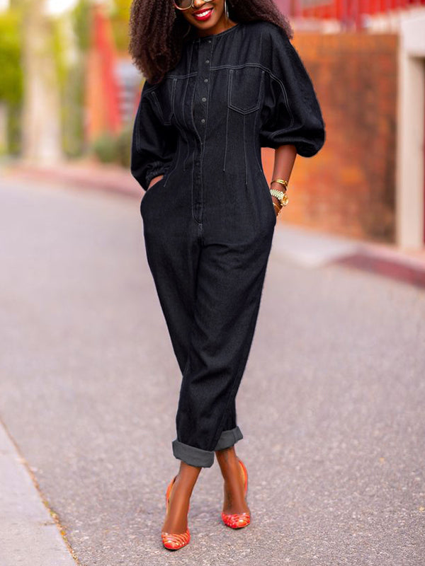 Round-Neck Jumpsuit with Puff Sleeves and Split Joint Design