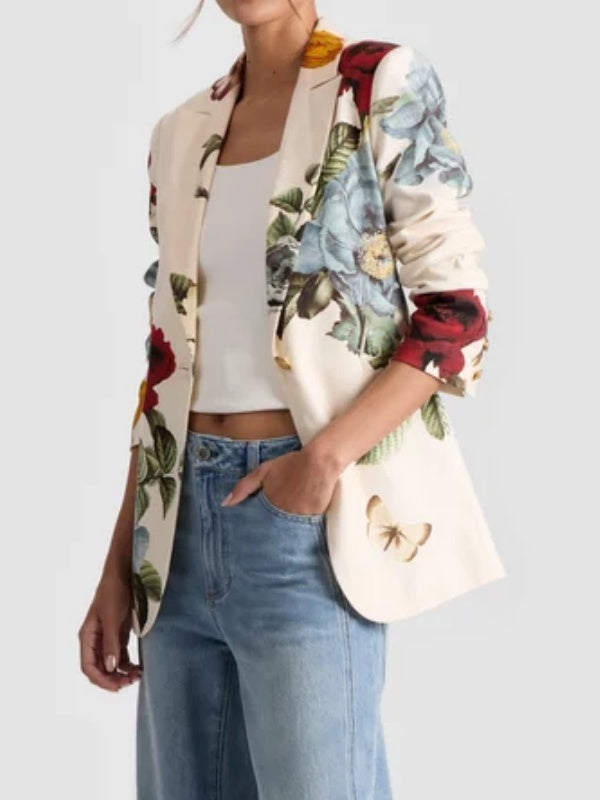 Floral Print Blazer with Long Sleeves, Button Closure, Pockets, and Notched Collar