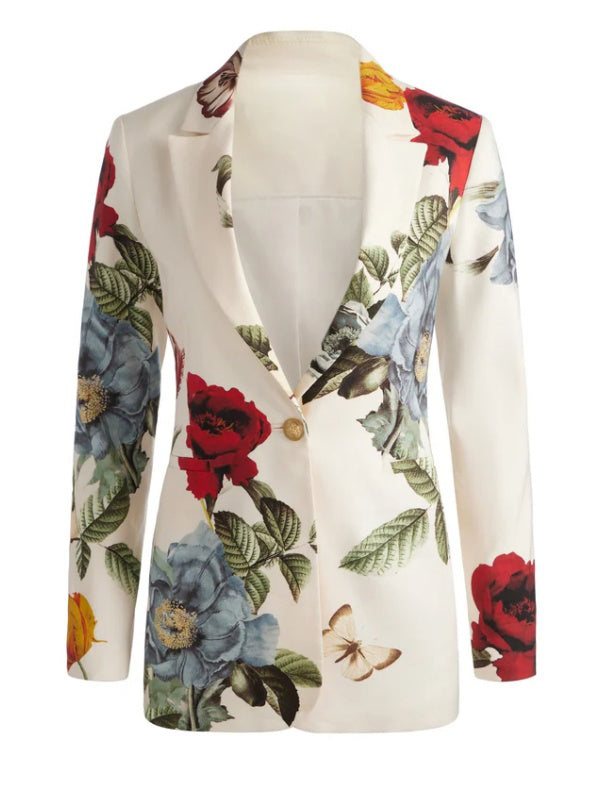 Floral Print Blazer with Long Sleeves, Button Closure, Pockets, and Notched Collar