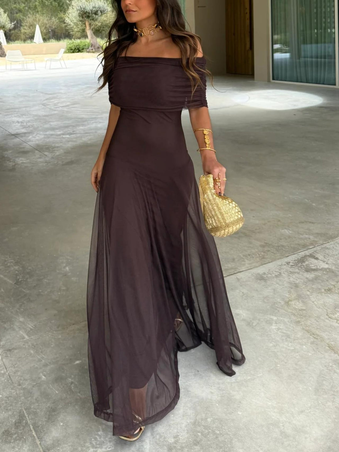 Brown One-Shoulder Mesh Maxi Gown
