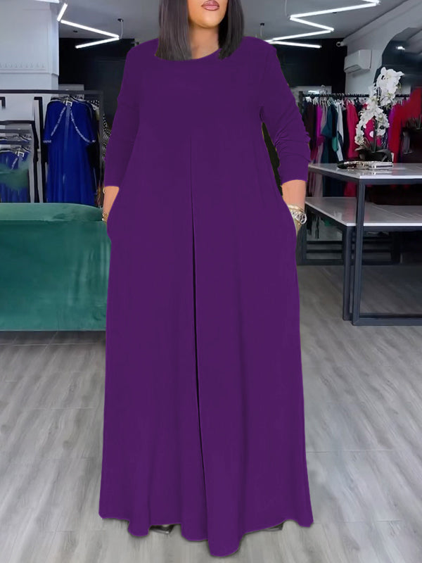 Relaxed Fit Wide Leg Jumpsuit with Pockets and Round Neck