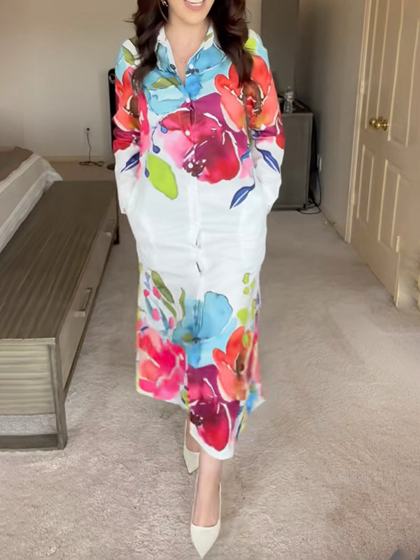 Floral Print Maxi Shirt Dress with Long Sleeves and Button Closure