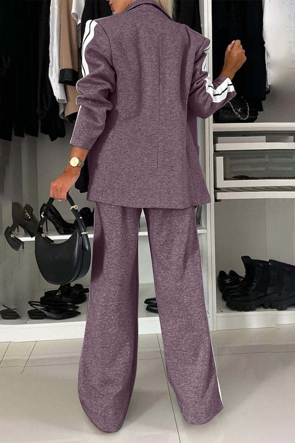 Two-Piece Set: Contrast Lapel Collar Top with Matching Pants