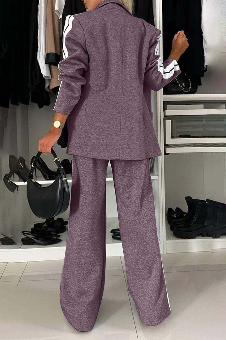 Two-Piece Set: Contrast Lapel Collar Top with Matching Pants