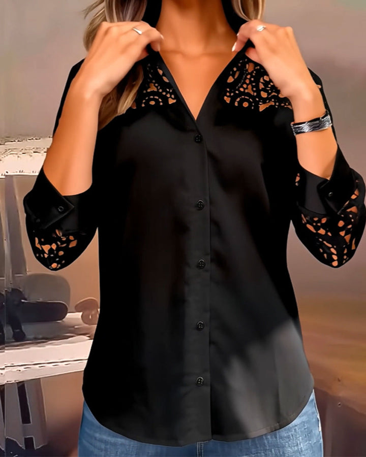 Lace Patchwork Solid Color Lapel Blouse