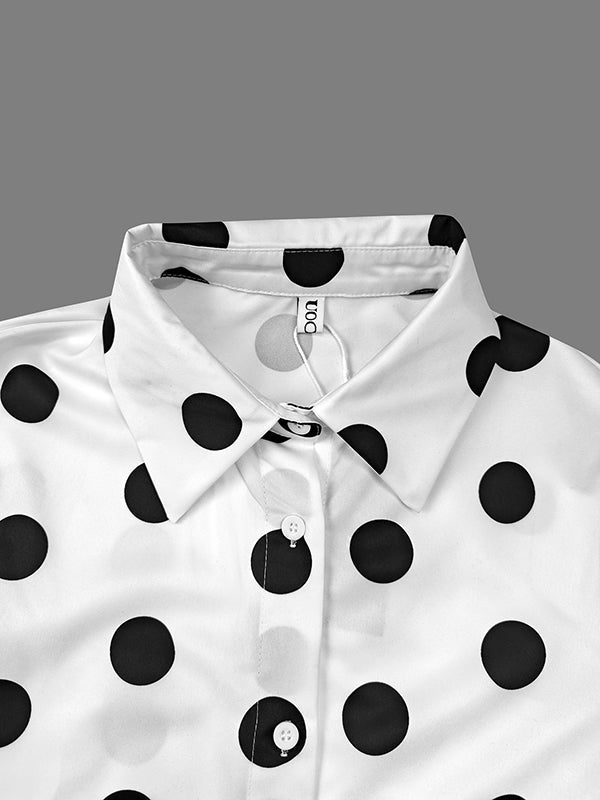 Polka Dot Long Sleeve Loose Fit Button-Up Blouse with Lapel Detail