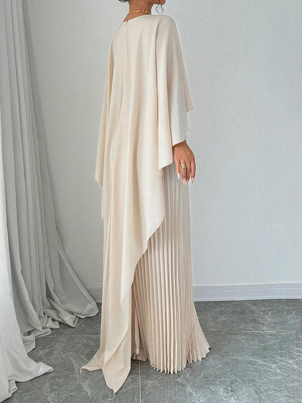 Maxi Evening Dress with Cape, High-Low Pleated Design, Solid Color, and Round Neck