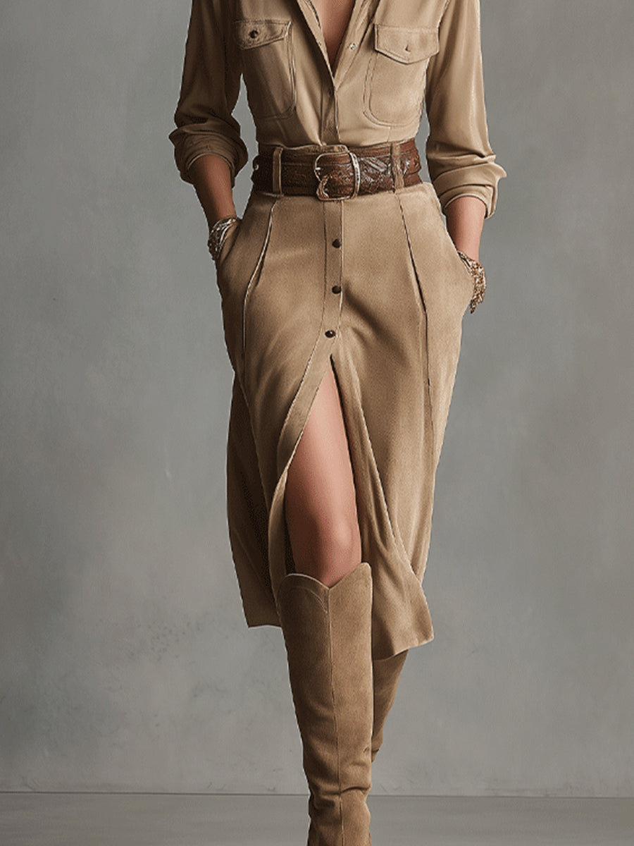 Brown Suede Midi Dress for Women