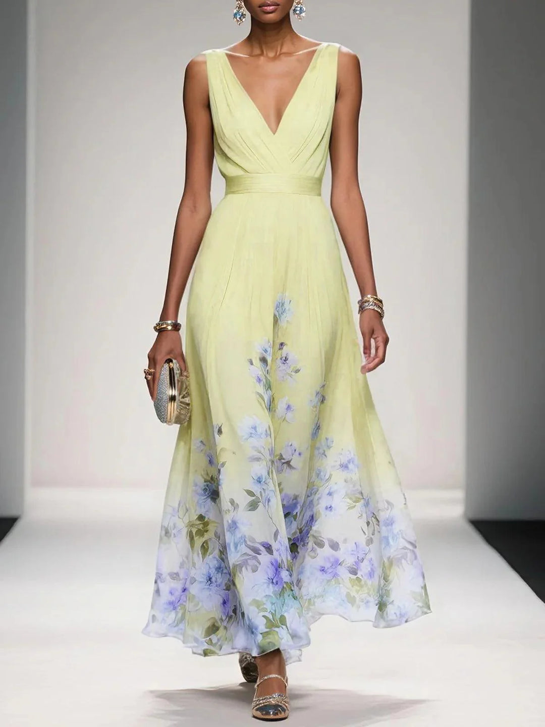 Light Blue Floral Chiffon V-Neck Sleeveless A-Line Maxi Gown