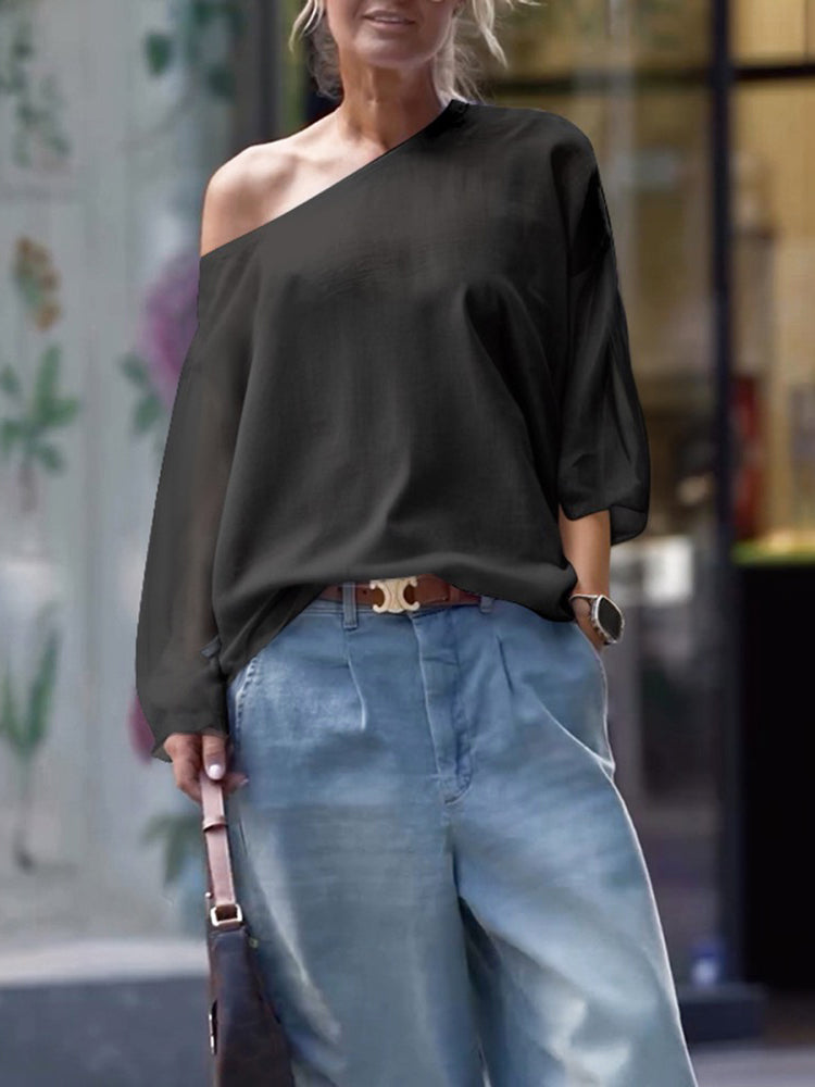 One-Shoulder Long Sleeve Loose Fit Solid Color T-Shirt