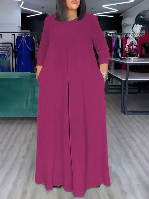 Relaxed Fit Wide Leg Jumpsuit with Pockets and Round Neck