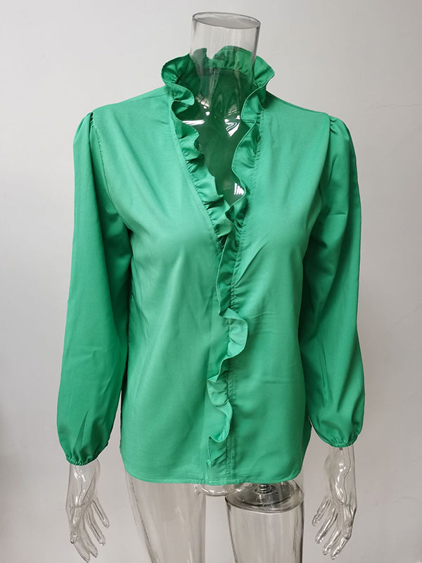 V-Neck Blouses with Puff Sleeves and Ruffled Hem in Solid Colors
