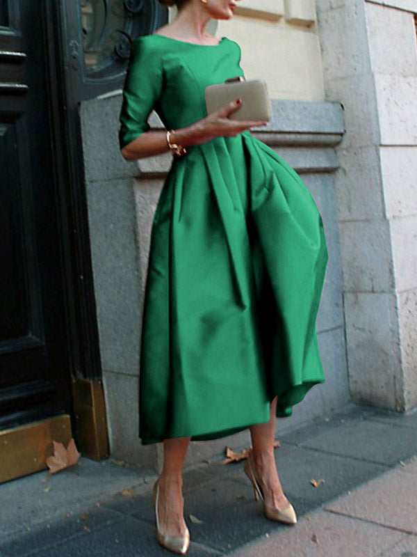 Solid Color A-Line Midi Dress with Loose Pleats, Pockets, and Split-Joint Round Neck