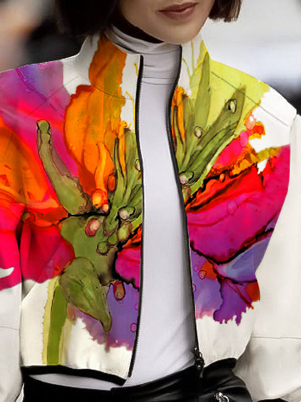 Asymmetric Floral Print High Neck Outerwear with Loose Puff Sleeves