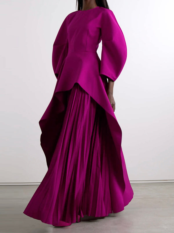 Tiered Maxi Dress with Long Sleeves, Pleated Design, Solid Color, and Round Neck
