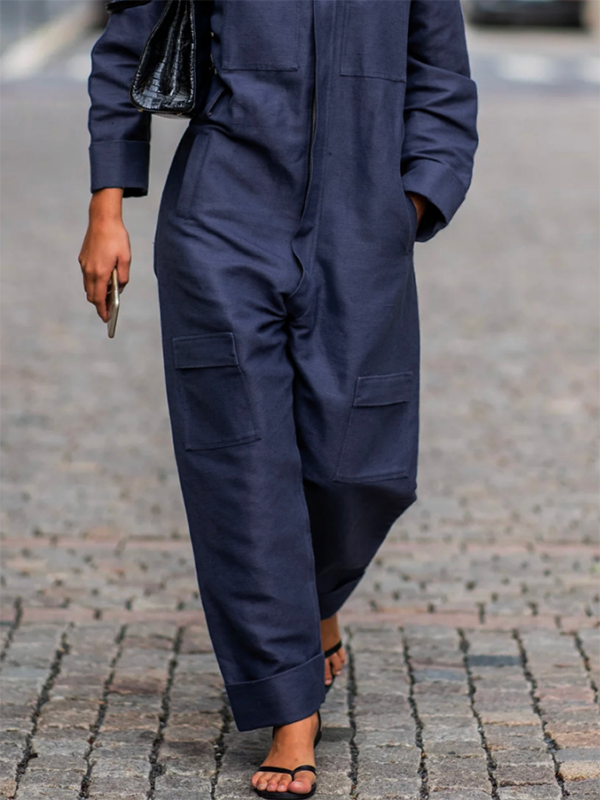 Loose-Fit Long Sleeve Solid Color Zipper Lapel Jumpsuit
