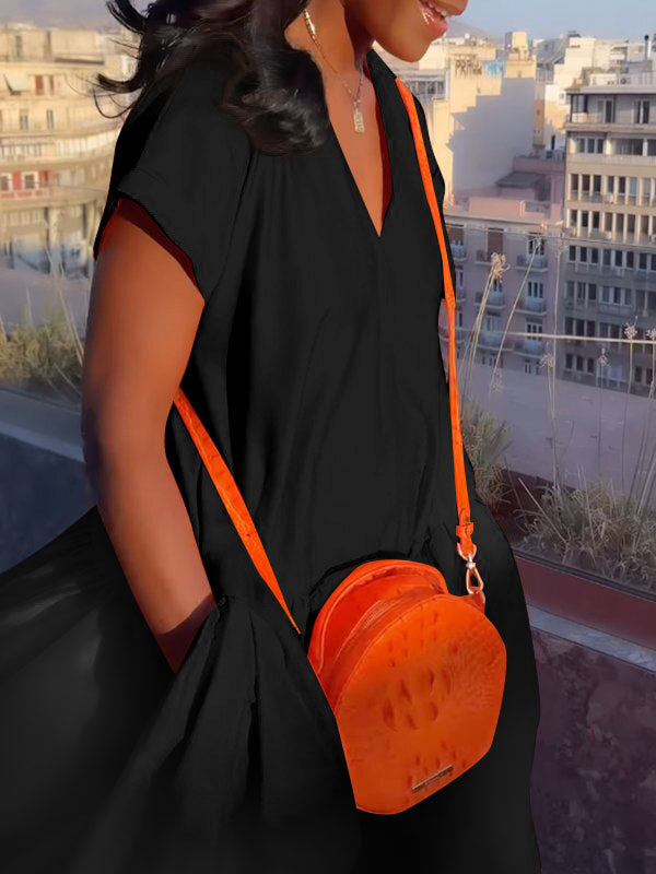 V-Neck Maxi Dress with Pleated Pockets and Loose Short Sleeves in Solid Colors