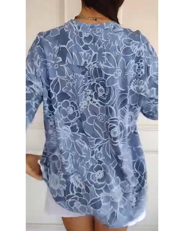 Printed V-Neck Button-Up Blouse