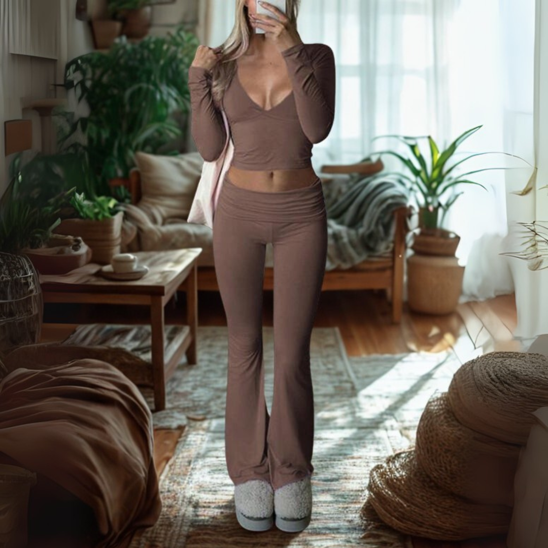 SINA™ - Relaxed V-Neck Long Sleeve Crop Top and Trousers Set