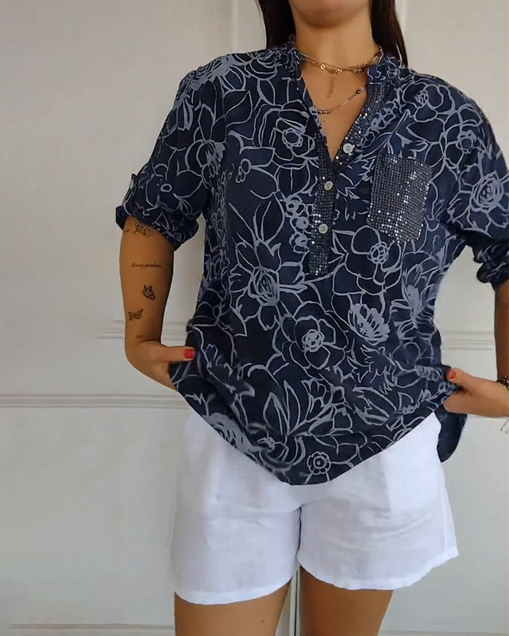 Printed V-Neck Button-Up Blouse