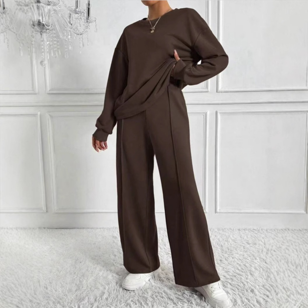 AMBRA™ - Relaxed Long Sleeve Sweatshirt with High-Waisted Pants Ensemble