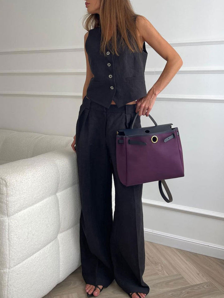 Timeless V-Neck Pleated Wide-Leg Cotton and Linen Pant Suit