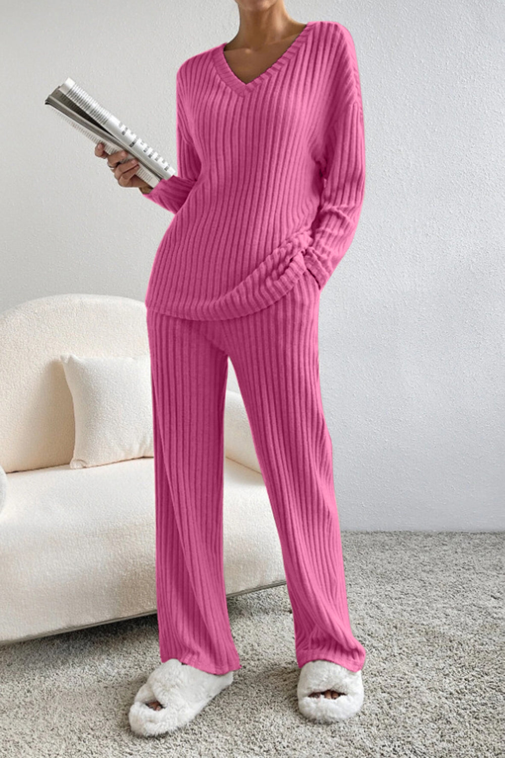 Ribbed V-Neck Top with Matching Pants Set