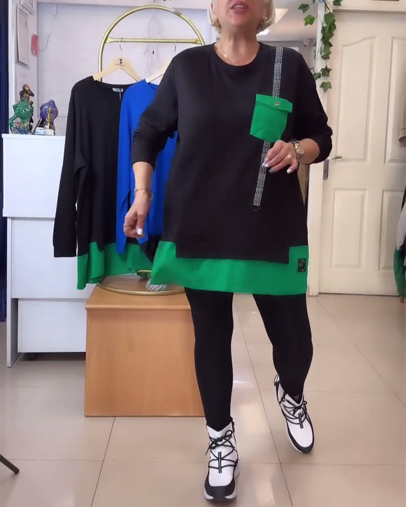 סווטשירט קז'ואל עם צווארון עגול וצבע ניגוד