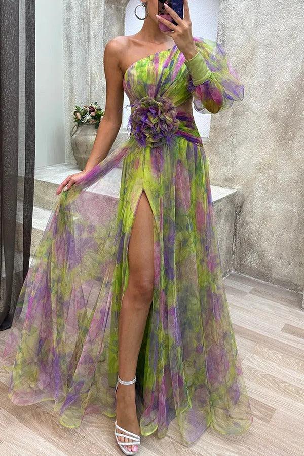 Stunning Floral Tulle Pleated One-Shoulder Maxi Dress with Side Slit