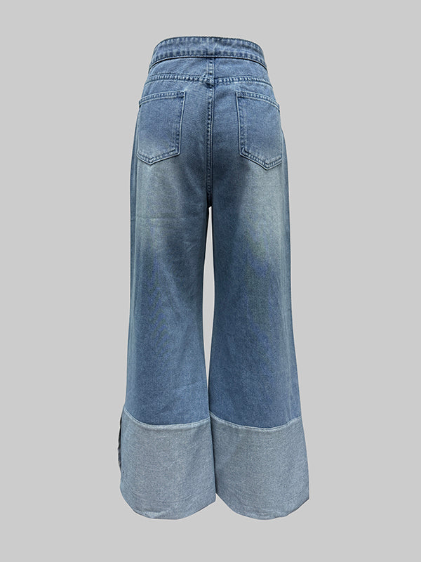 High-Waisted Wide-Leg Jeans with Contrast Color and Pockets