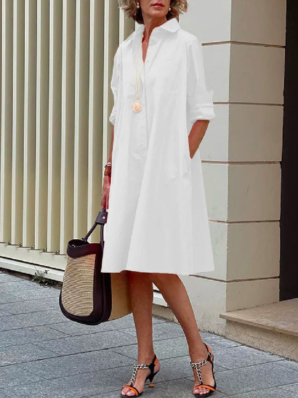 Classic Solid Color Midi Dress with Long Sleeves and Lapel Collar