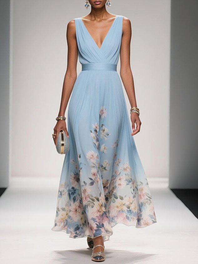 Light Blue Floral Chiffon V-Neck Sleeveless A-Line Maxi Gown