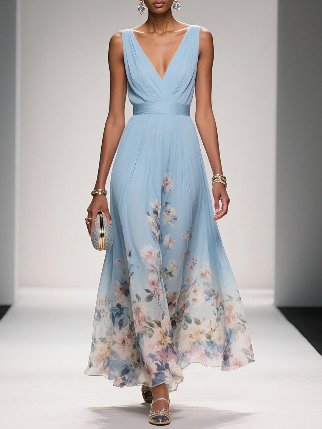 Light Blue Floral Chiffon V-Neck Sleeveless A-Line Maxi Gown